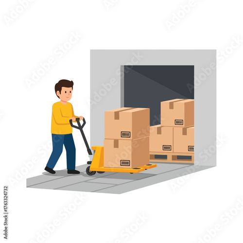 Warehouse worker moves boxes with pallet jack, logistics and delivery concept