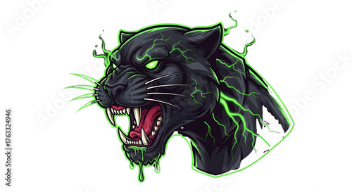 Fierce black panther with glowing green eyes and electric energy, an aggressive predator ready to strike with primal power and untamed spirit