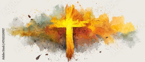 Abstract Watercolor Painting of a Golden Cross Symbolizing Faith and Spirituality in a Modern Artistic Style
