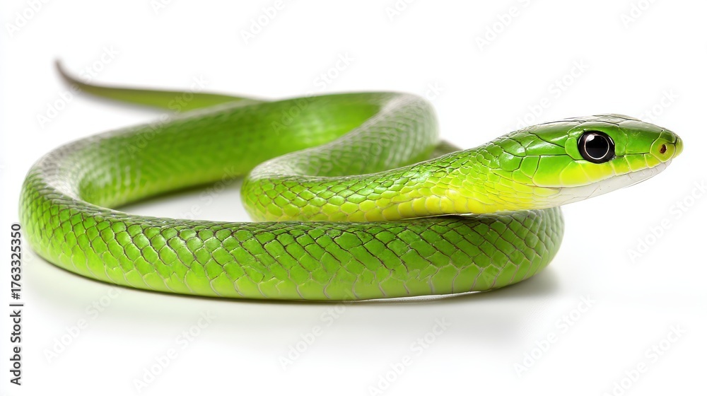 Obraz premium Bright Green Snake Coiled on White Background Close Up Studio Shot Exotic Reptile Wild Animal Nature Wildlife
