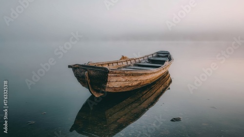 Serene Wooden Rowboat on Calm Water in Misty Morning Light