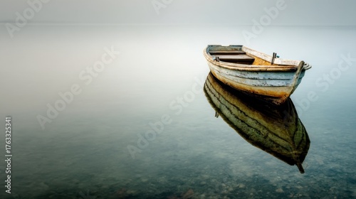 Tranquil Scene of an Old Wooden Boat Floating on Still Water