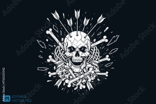 Skull Pierced by Arrows Amidst a Pile of Bones.
