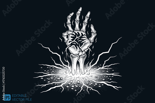 Skeleton Hand Breaking Through Ground with Electric Discharge.