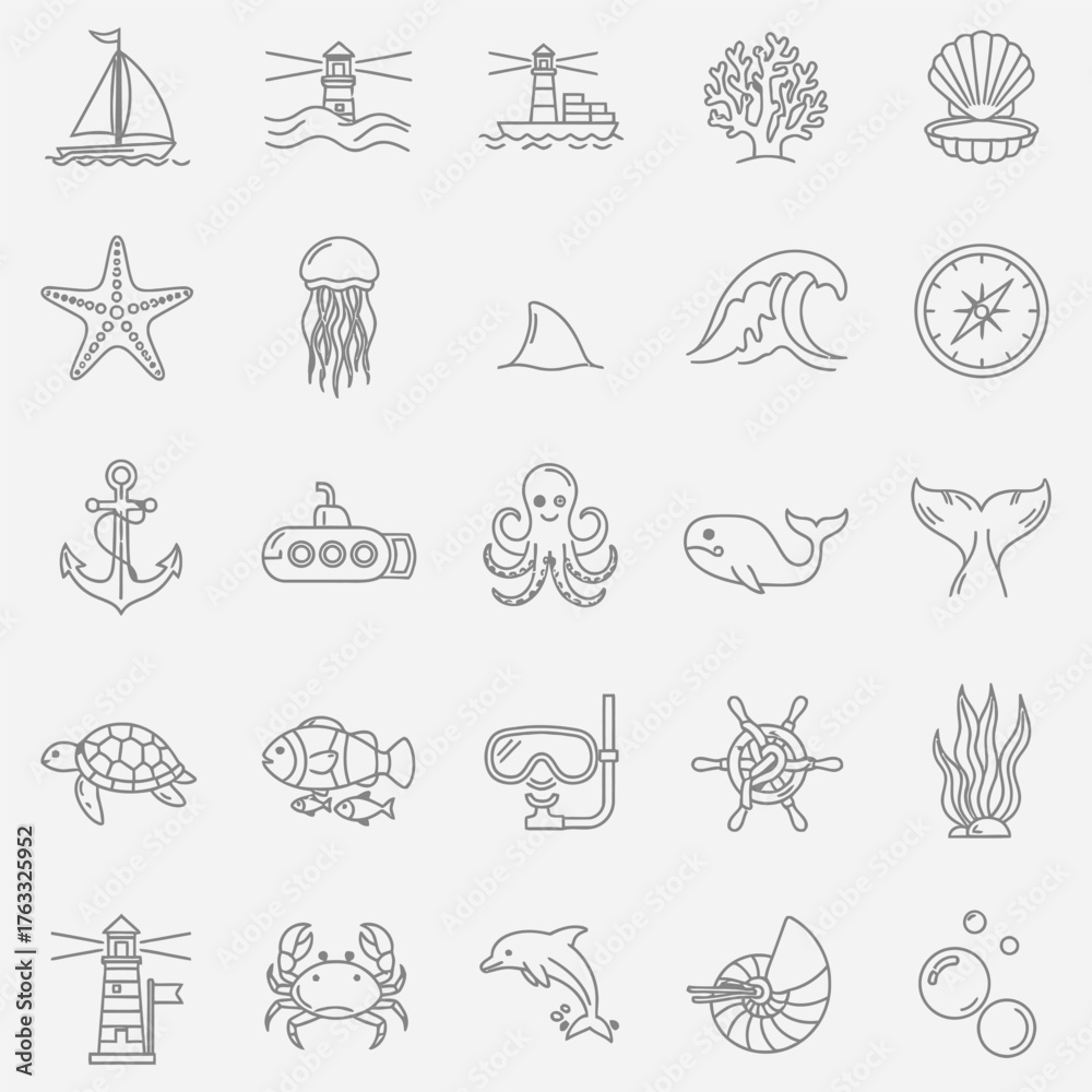 Obraz premium Ocean and Marine Life Icon Set Sailboats, Lighthouses, Starfish, Jellyfish, and More