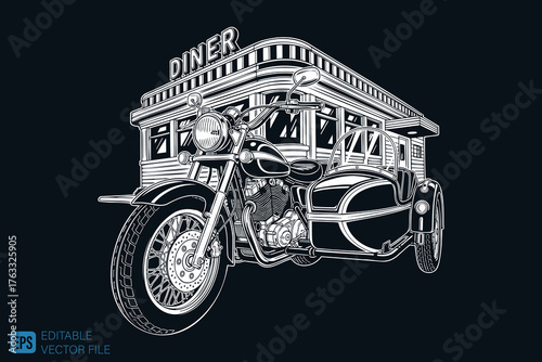 Vintage Motorcycle with Sidecar in Front of a Classic Diner.