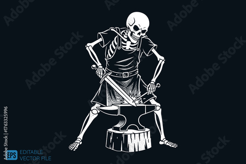 Skeleton Blacksmith Forging a Sword with Anvil and Tools.