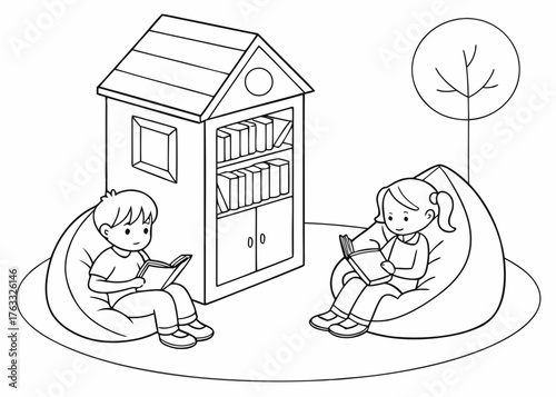 Kids Coloring Page – Classroom with Cozy Reading Corner, Bookshelf, and Children on Beanbags