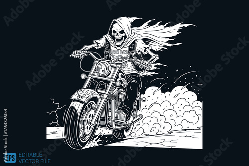 Grim Reaper Riding a Motorcycle with Fiery Cape and Smoke Trail.
