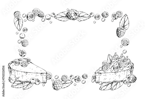 Plump berries on cheesecake slice with scattered blueberries and raspberries, mint leaf garnish in corner frame. Isolated hand drawn artwork. Cafe menu graphics, digital sticker kits, product labels.