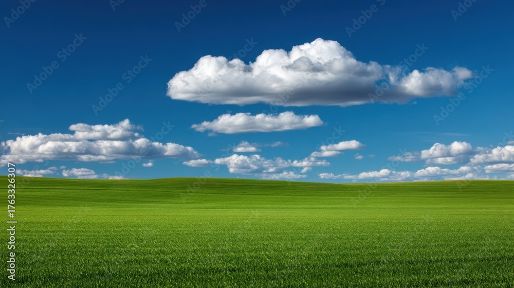 Obraz premium Expansive Green Field Under a Bright Blue Sky with Fluffy Clouds