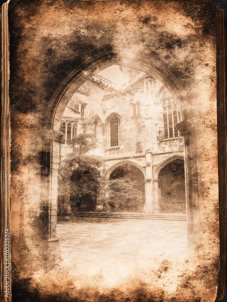 Fototapeta premium Vintage book view of courtyard with arches and stone architecture in sepia tone, old world style, travel destination