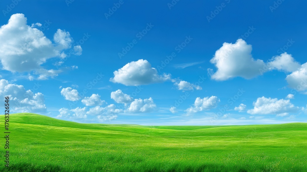 Fototapeta premium Lush Green Grass Landscape Under Bright Blue Sky with Fluffy Clouds
