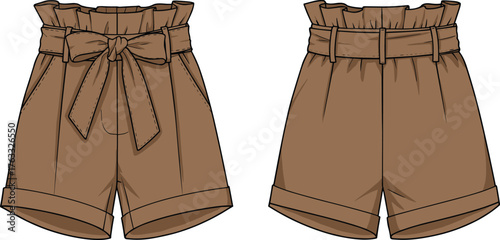 High waisted paperbag shorts front and back view with belt bow, rolled hem, fashion clothing design illustration for apparel vector