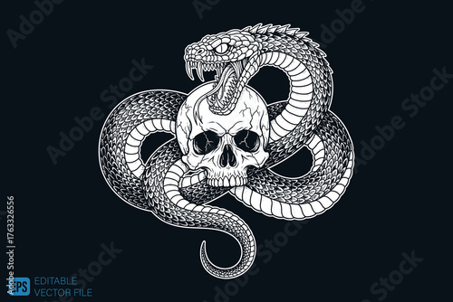 Intricate Hand Drawn Snake Coiled Around a Human Skull.