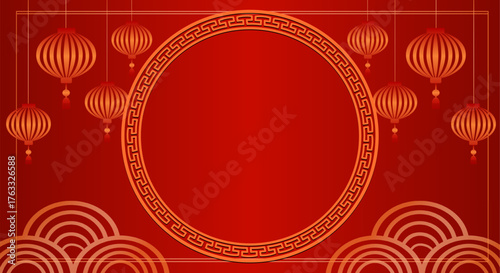 Traditional Chinese red background with hanging lanterns and circular frame in gold decorative style.