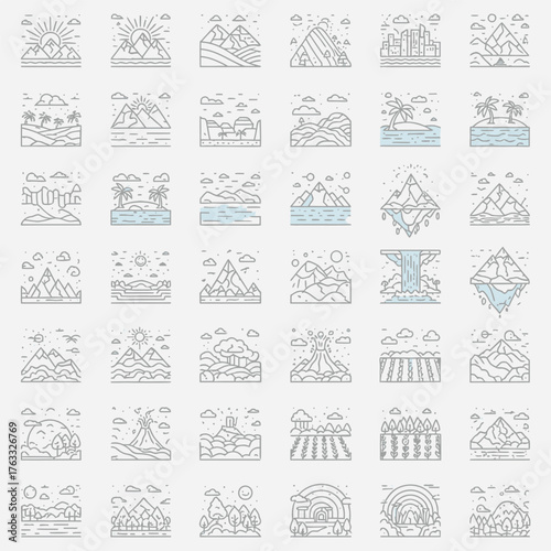 A comprehensive collection of minimalist landscape line icons, perfect for travel and nature themes. Vector symbols of mountains, sea, and forests