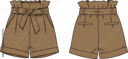 Fashion vector illustration of brown high waisted paperbag shorts with belt bow, pleated design, rolled hem, stylish summer clothing