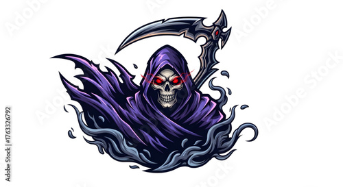 Fierce grim reaper with glowing red eyes and ornate scythe commands attention in this powerful, dynamic illustration perfect for gaming or dark fantasy themes