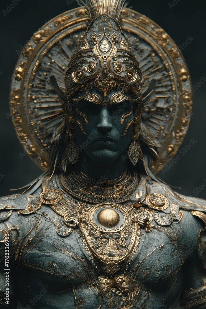 Obraz premium Ancient warrior statue in ornate gold armor close up artistic rendering mythology concept
