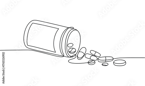 minimalist line drawing of spilled pill bottle with scattered tablets symbolizing medication, health issues, and pharmaceutical concept