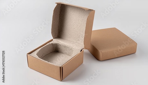 Open cardboard box with eco-friendly mushroom mycelium packaging insert on white background