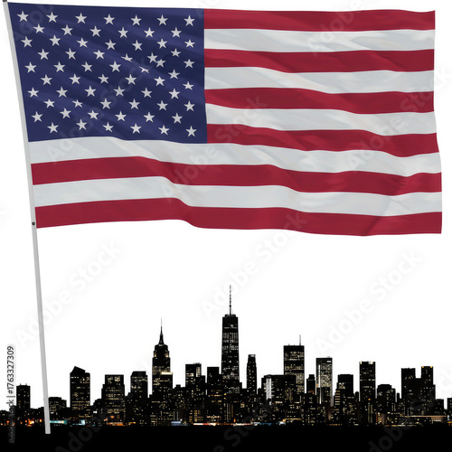 A waving american flag with stars and stripes above a silhouetted cityscape at night