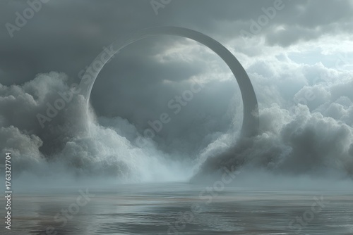 Dreamy Circle Portal Landscape with Cloudy Sky and Water Reflection Ethereal Scene Abstract Concept
