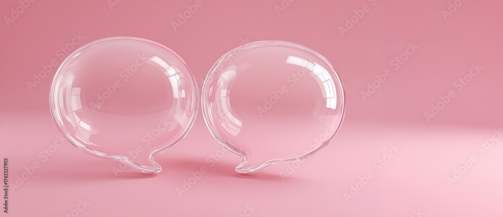 Obraz premium Bubbles of Conversation: Two transparent speech bubbles float weightlessly against a soft pink backdrop, sparking curiosity. Evoking thoughts of dialogue, connection, and the art of communication.