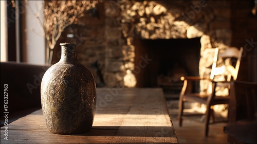 flagon. Antique flagon on wooden table near stone fireplace in rustic interior. lifestyle magazines, social media lookbooks, designed for influencer and brand collaborations.
