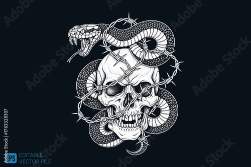 Intricate Skull and Snake Tattoo Design with Barbed Wire.