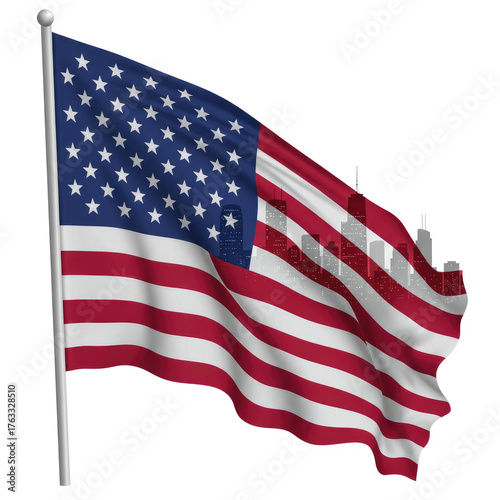 Waving american flag with stars and stripes overlayed with a city skyline silhouette