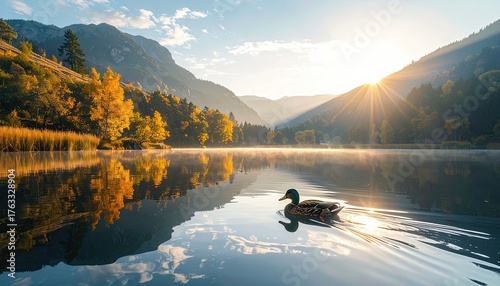 Mallard Duck Swimming on Calm Lake During Golden Hour Sunrise with Mountains and Autumn Trees Reflected in Water