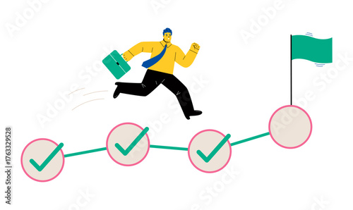Business man running on completed checkbox to reach goal. Planning concept. Flat vector illustration isolated on white background
