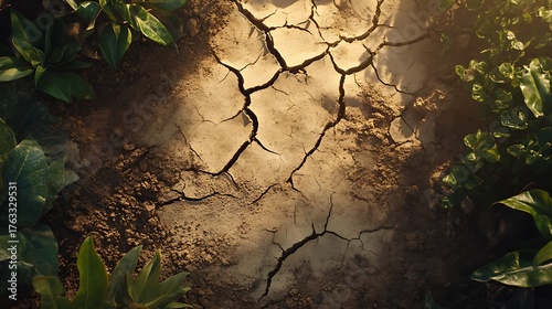 A dried-up riverbed with cracked earth, showing the devastating effects of water scarcity