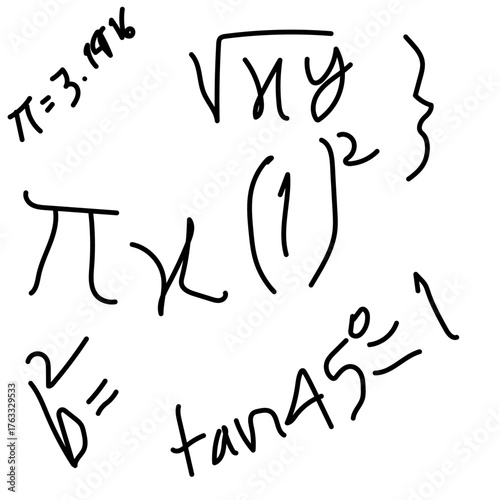 Math equations handwritten: A collection of various handwritten math equations and formulas, including pi, square roots, and trigonometric functions, demonstrating mathematical principles.