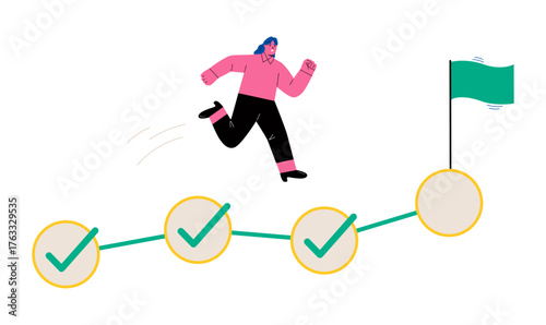 Business woman running on completed checkbox to reach goal. Planning concept. Flat vector illustration isolated on white background