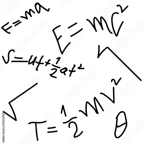 Mathematical Equations Illustration: A visually striking, hand-drawn arrangement of physics and mathematical equations, providing a glimpse into the elegance of scientific principles.
