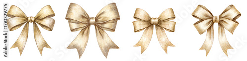 Watercolor Illustration: Set of Four Elegant Golden Bows Isolated on White Background