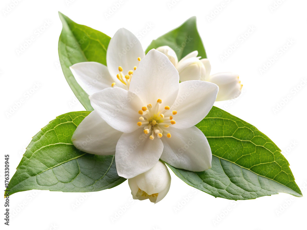 Obraz premium Freshly bloomed jasmine flowers with vibrant green leaves and delicate buds, showcasing the purity and elegance of nature's fragrant blossoms, perfect for aromatherapy, beauty, and relaxation concepts