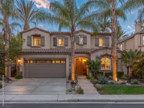 Front view of a two story suburban home with palm trees and a lawn at dusk in California