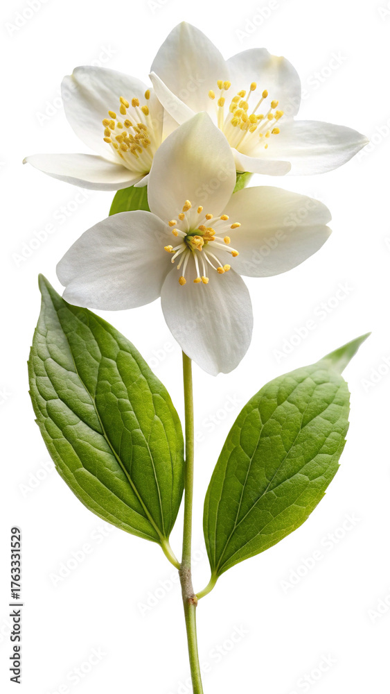 Obraz premium A delicate jasmine flower with green leaves, isolated on transparent background