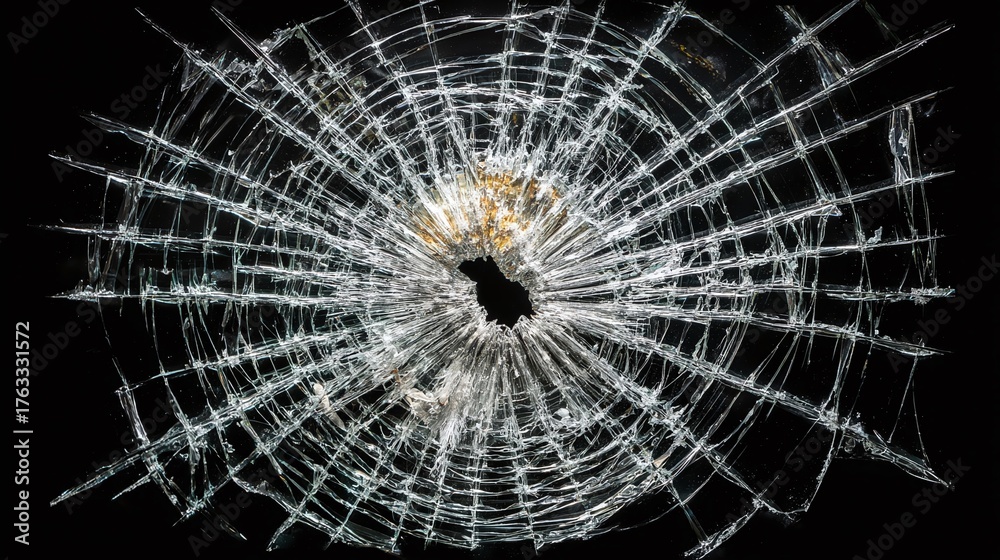 Fototapeta premium Shattered glass on a black background, displaying a spiderweb-like crack pattern. A central impact point is visible. The intricate pattern captures the fragility of glass.