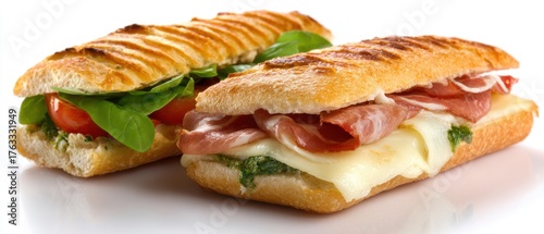 Two Grilled Panini Sandwiches with Prosciutto and Tomato on White Background Close Up Food Photography