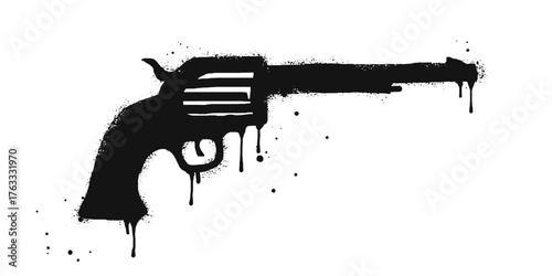 Spray painted graffiti gun on black over white. Gun silhouette drip symbol. isolated on white background