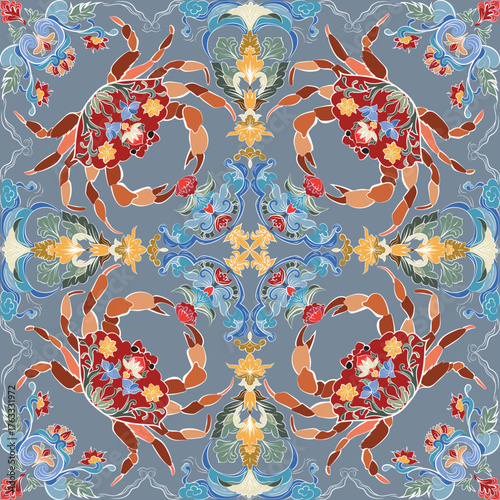 The seashore blooms tile pattern. A unique concept of a crab displaced into a flourishing, sunlight garden. 