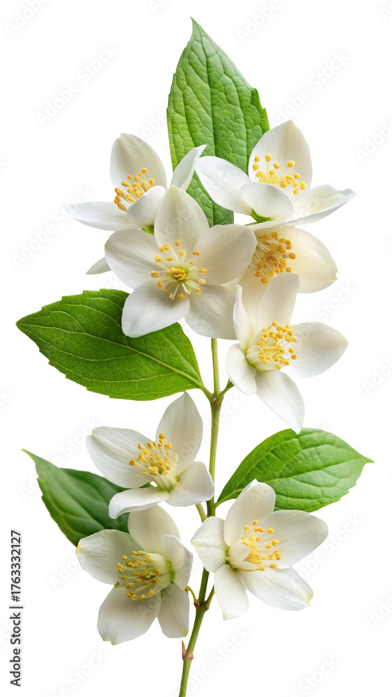 Fototapeta premium A delicate sprig of white jasmine flowers with green leaves, isolated on a transparent background, showcasing the intricate details of the petals and stamen