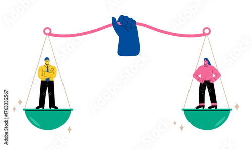 Equality concept. Hand holding a balance scale with a business man and business woman on each side. Flat vector illustration isolated on white background
