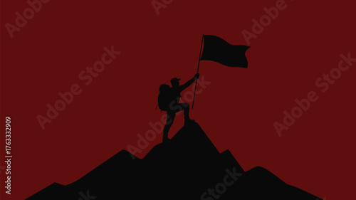 Determined hiker plants flag atop mountain peak celebrating triumphant achievement against dramatic red sky
