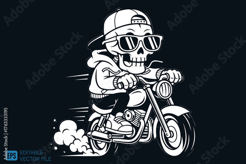 Cool Skeleton Riding Motorcycle with Sunglasses and Cap.